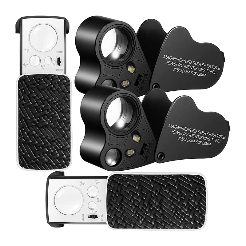 4Pcs Eye Loupe Magnifier Jewelry Glass Loop LED Light