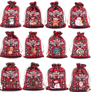 4Pcs Christmas Cotton Bags Small Candy Gift Bag Xmas Drawstring Pouch