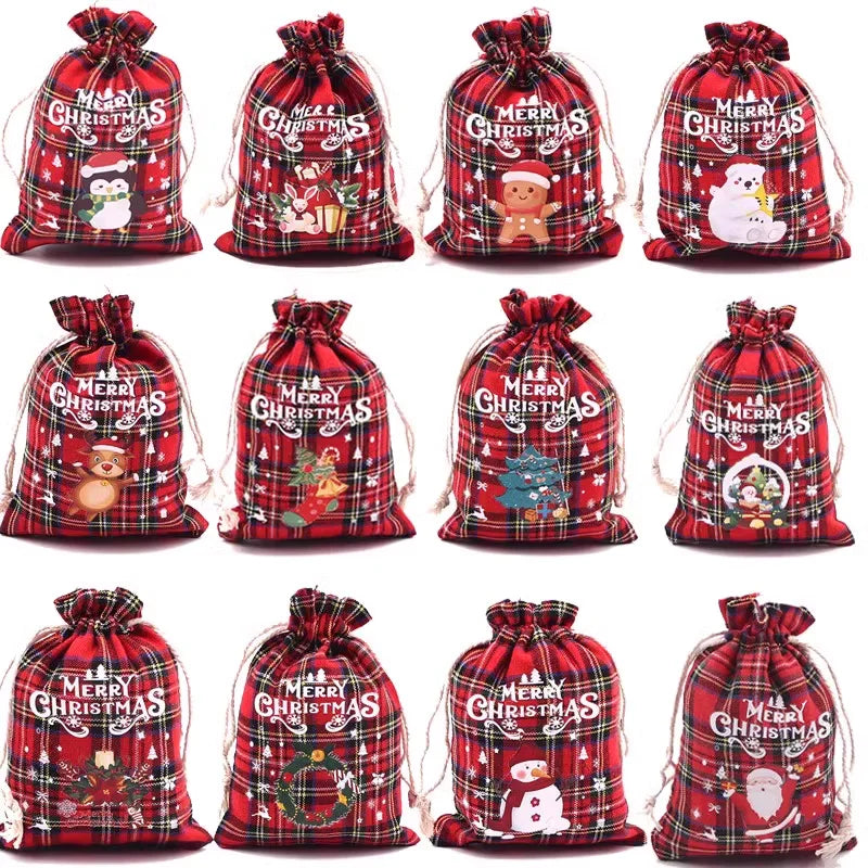 4Pcs Christmas Cotton Bags Small Candy Gift Bag Xmas Drawstring Pouch