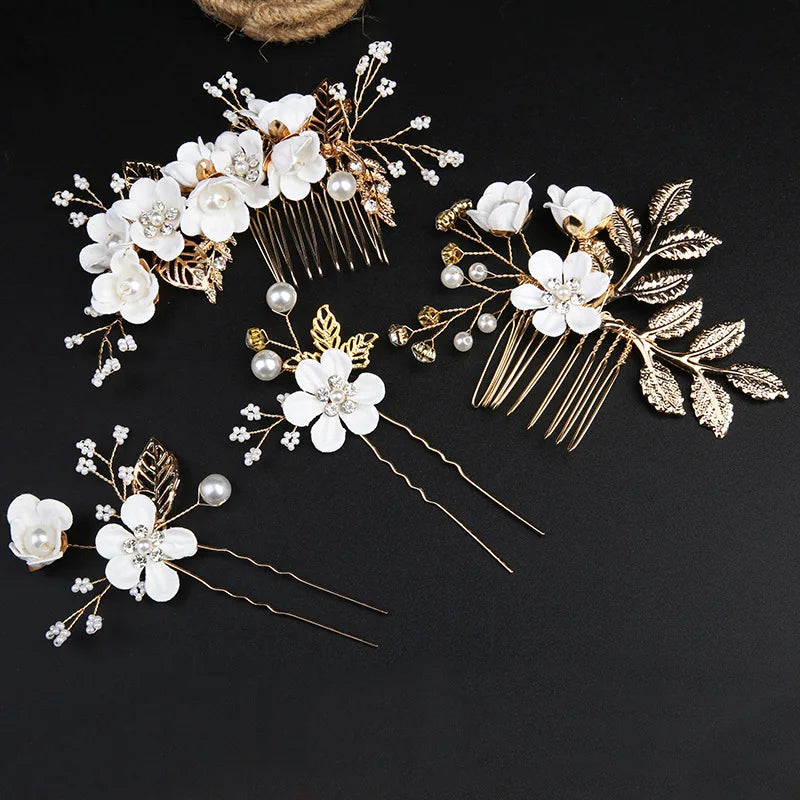 4Pcs Pearl Headpieces Flower Leaf Hair Combs Pins Bridal Hairpins