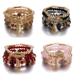 4Pcs Tassel Charm Beads Bracelet Set Colorful Glass Beaded Bangle