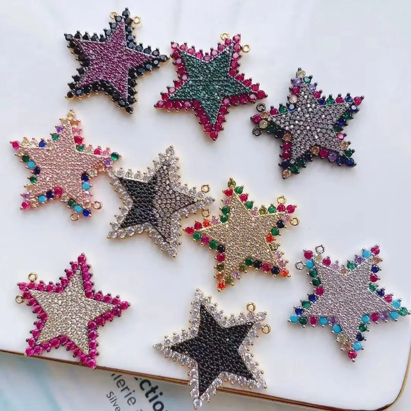 4Pcs Pave CZ Star Pendant Necklace Charm, Colorful Cubic Zirconia Star Charms
