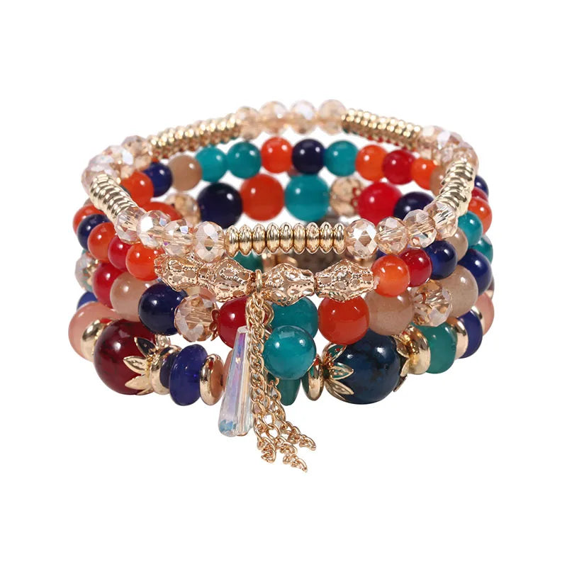 Boho Beads Bracelet Set Glass Beaded Chain, Tassel Charm Wristband