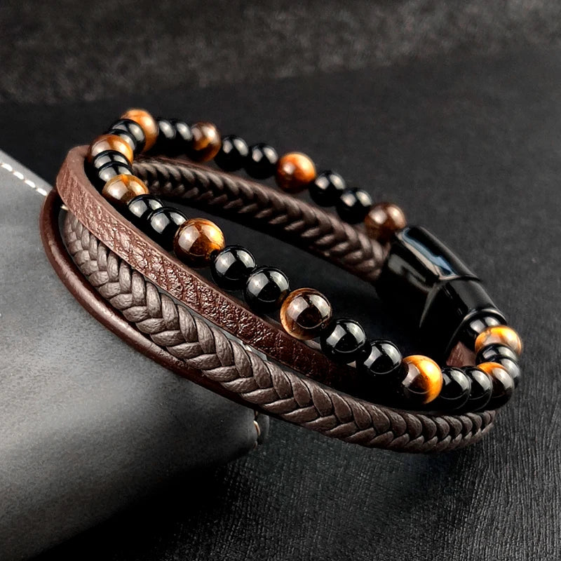 Braided Leather Bracelets Set Tiger Eyes Stone Beads Ethnic Tribal Wristband