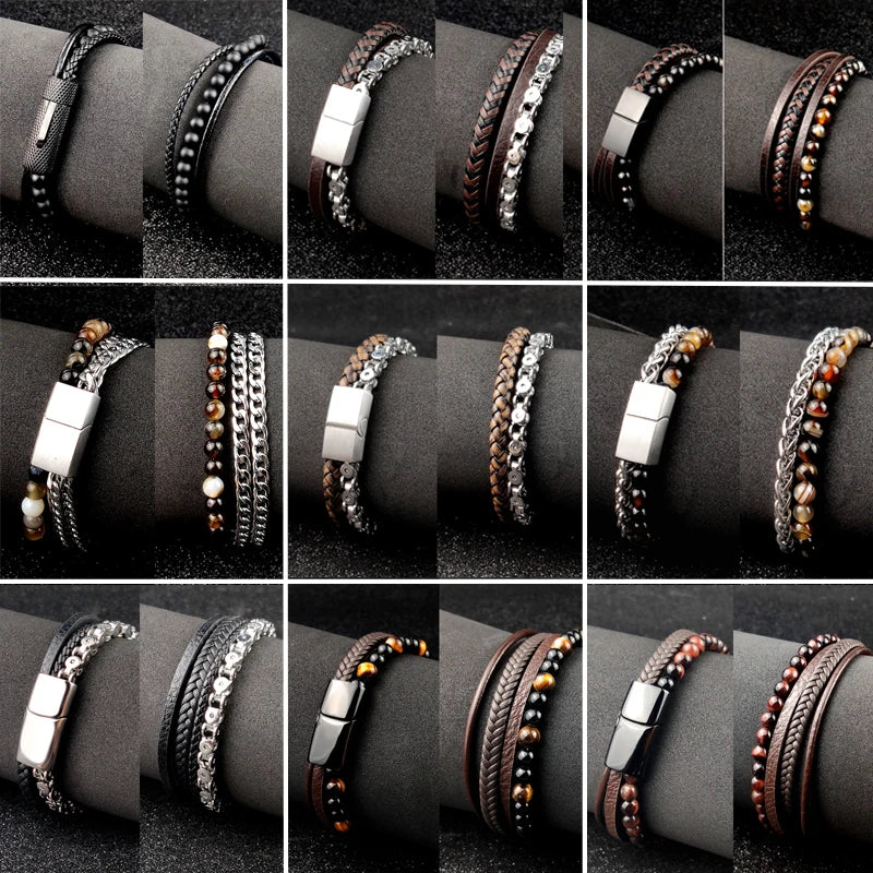 Braided Leather Bracelets Set Tiger Eyes Stone Beads Ethnic Tribal Wristband