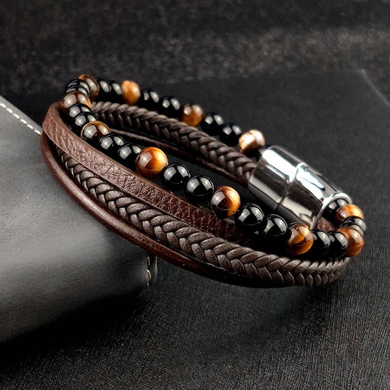 Braided Leather Bracelets Set Tiger Eyes Stone Beads Ethnic Tribal Wristband