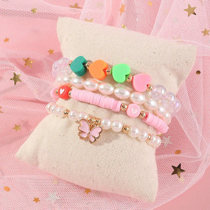 Pink Clay Heart Bracelet Pearl Beaded Butterfly Pendant Bangle Set