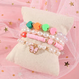 Pink Clay Heart Bracelet Pearl Beaded Butterfly Pendant Bangle Set