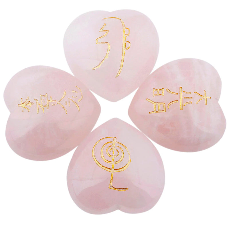 4Pcs Rose Quartz Heart Crystal Engraved Chakra Polished Stones