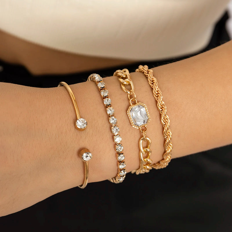Punk Metal Bracelets Set Clear Rhinestones Crystal Cuff Bangles