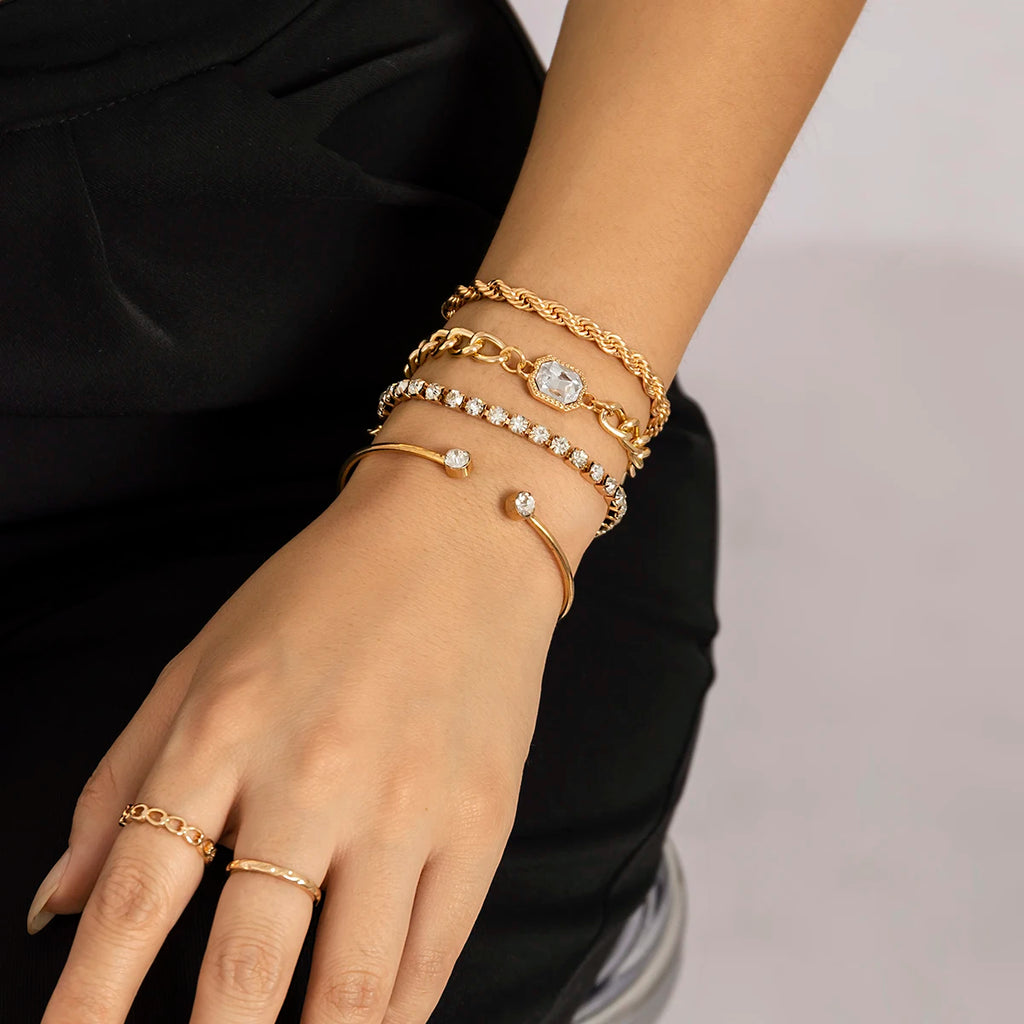 Punk Metal Bracelets Set Clear Rhinestones Crystal Cuff Bangles