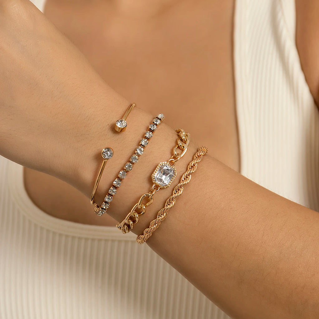 Punk Metal Bracelets Set Clear Rhinestones Crystal Cuff Bangles