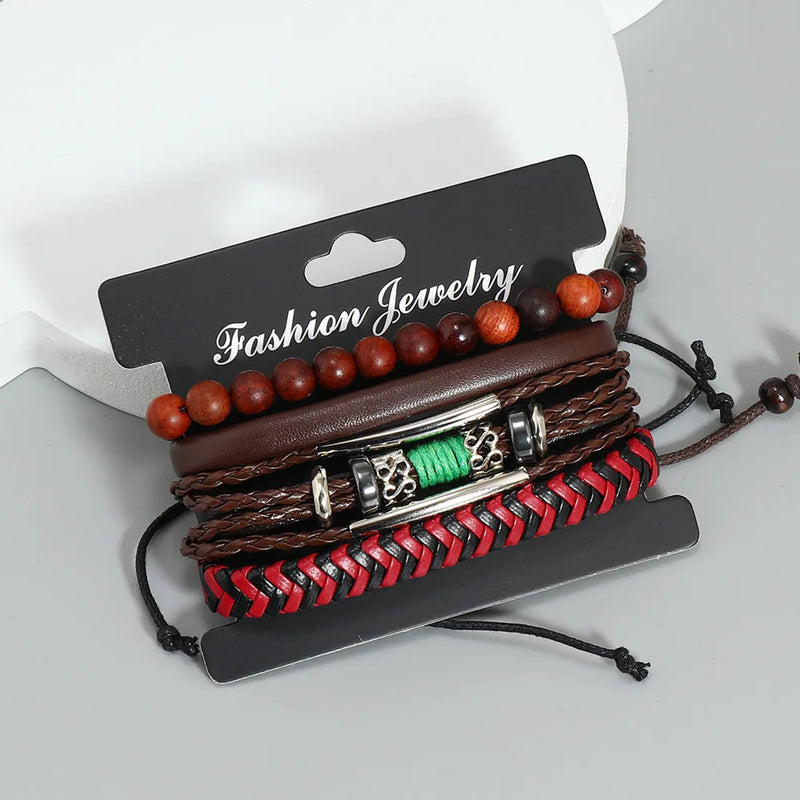 4Pcs Punk Style Adjustable Multilayer Leather Bracelets