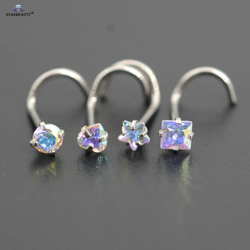 4Pcs 20G Rod Trending Nose Ring Stud Cz Crystal Nostril Piercing Jewelry