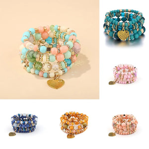 4Pcs Boho Ethnic Heart Beaded Bracelet Set Women Crystal Beads Chain Bangle