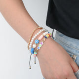 Polymer Clay Flower Pearl Bracelets Set Women Wrap Jewelry Braided Rope Bracelet
