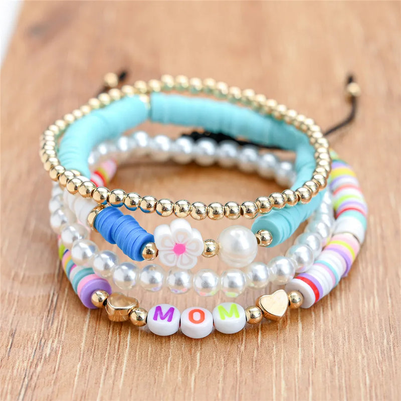 Polymer Clay Flower Pearl Bracelets Set Women Wrap Jewelry Braided Rope Bracelet