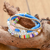 Polymer Clay Flower Pearl Bracelets Set Women Wrap Jewelry Braided Rope Bracelet