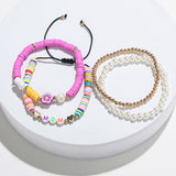 Polymer Clay Flower Pearl Bracelets Set Women Wrap Jewelry Braided Rope Bracelet