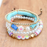 Polymer Clay Flower Pearl Bracelets Set Women Wrap Jewelry Braided Rope Bracelet