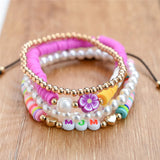 Polymer Clay Flower Pearl Bracelets Set Women Wrap Jewelry Braided Rope Bracelet