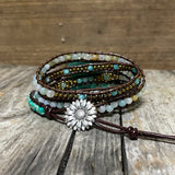 Multilayered Leather Wrap Bracelet with Amazonite Beads