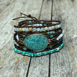 Multilayered Leather Wrap Bracelet with Amazonite Beads