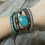 Multilayered Leather Wrap Bracelet with Amazonite Beads