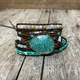 Multilayered Leather Wrap Bracelet with Amazonite Beads