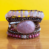 Romantic Pink Leather Wrap Bracelets with Rose Quartzs and Rhodonite