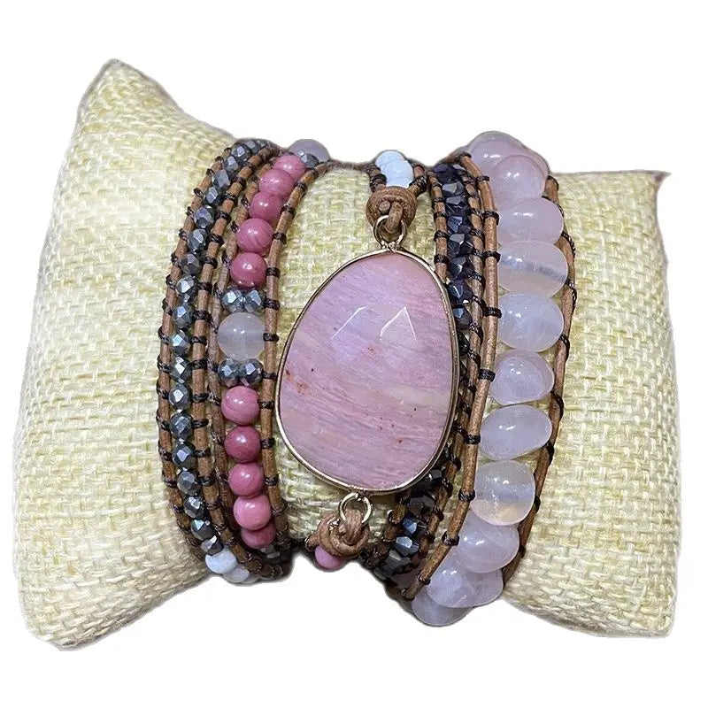 Romantic Pink Leather Wrap Bracelets with Rose Quartzs and Rhodonite