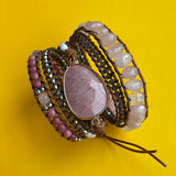 Romantic Pink Leather Wrap Bracelets with Rose Quartzs and Rhodonite