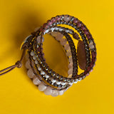 Romantic Pink Leather Wrap Bracelets with Rose Quartzs and Rhodonite