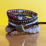 Romantic Pink Leather Wrap Bracelets with Rose Quartzs and Rhodonite
