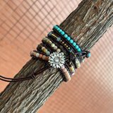 Women Leather Bracelet Mixed Natural Stones Charm 5 Strands Wrap