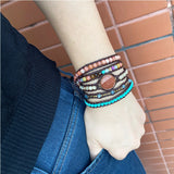 Women Leather Bracelet Mixed Natural Stones Charm 5 Strands Wrap