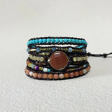 Women Leather Bracelet Mixed Natural Stones Charm 5 Strands Wrap