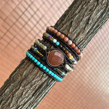 Women Leather Bracelet Mixed Natural Stones Charm 5 Strands Wrap