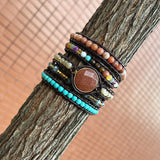 Women Leather Bracelet Mixed Natural Stones Charm 5 Strands Wrap