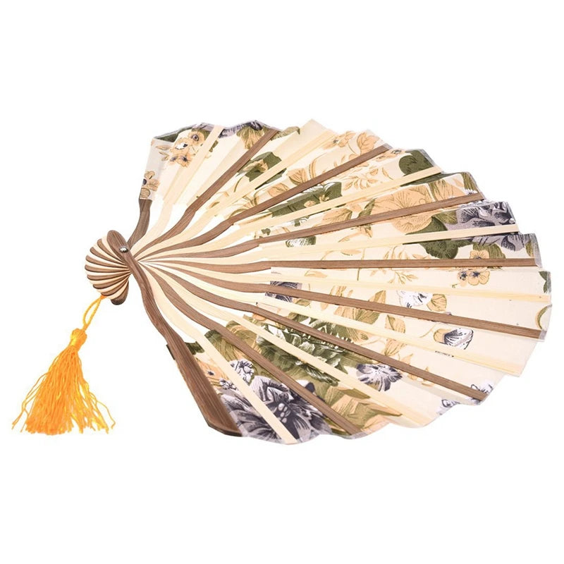 4X Peony Flower Fabric Bamboo Folding Hand Fan Beige