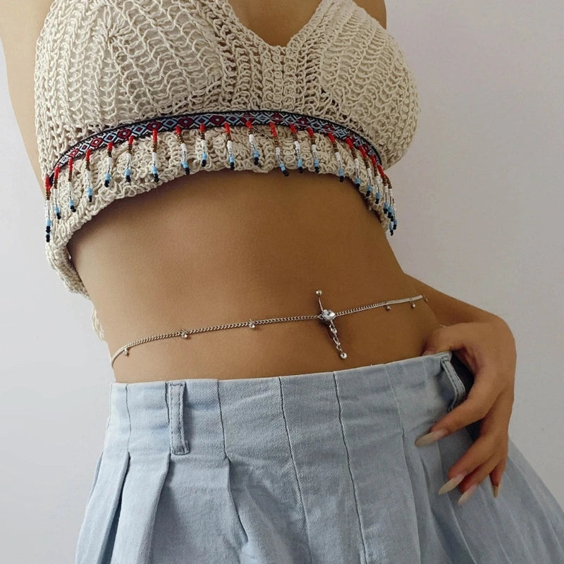 4XBF Rhinestone Dangle Belly Chain Navel Piercing Rings Body Jewelry