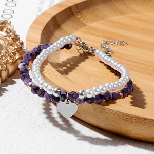 Amethysts Pearl Beaded Bracelet Heart Charm Adjustable Energy Bracelet