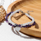 Amethysts Pearl Beaded Bracelet Heart Charm Adjustable Energy Bracelet