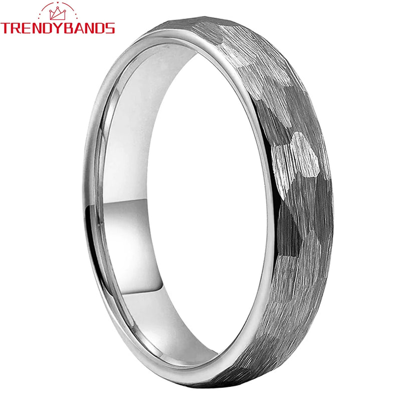 4mm Hammered Tungsten Carbide Wedding Band Brushed Finish