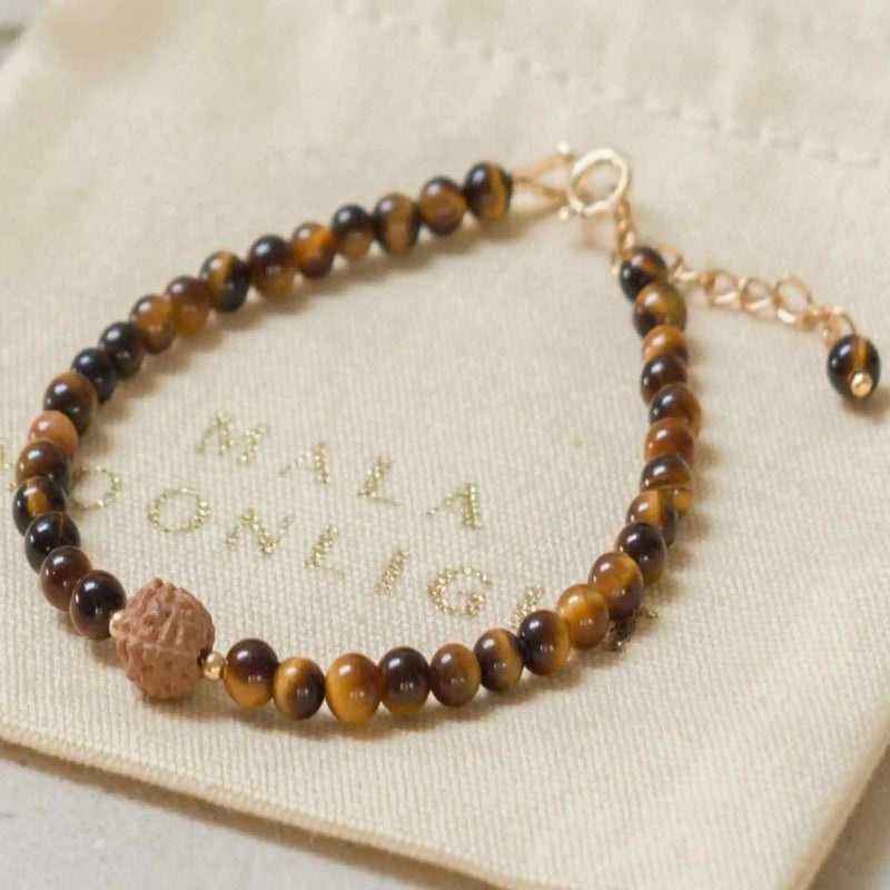 Tiger's Eye Rudraksha Beads Bracelet 14k Chain Calming Restore Easter Souvenir