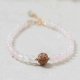 4mm Natural Brown Rudraksha Rose Quartz Beads 14K Fill Bracelet Cuff