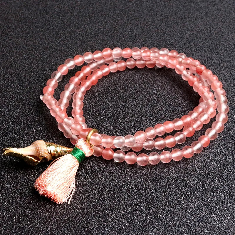 Pink Stone Beaded Bracelet with Shell Pendant