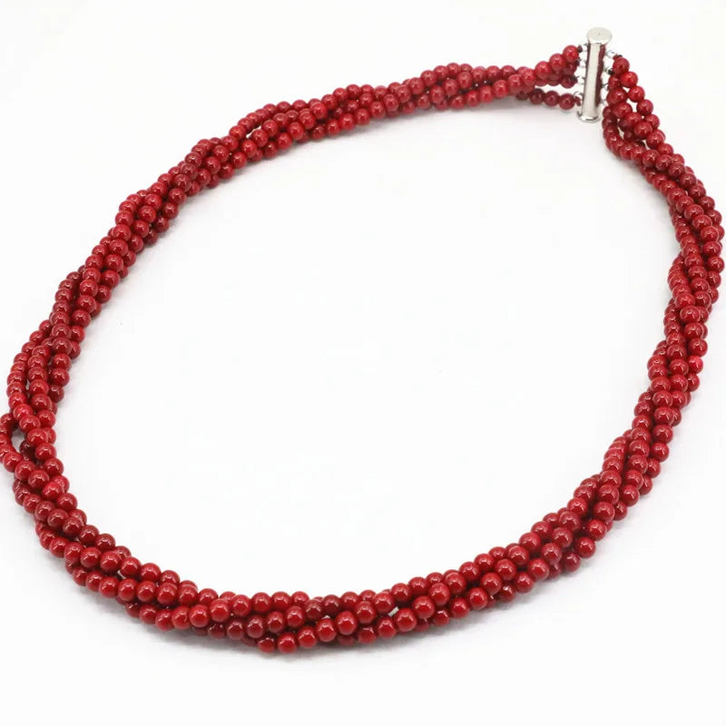 4mm Red Coral Round Beads Necklace Women Party Jewelry