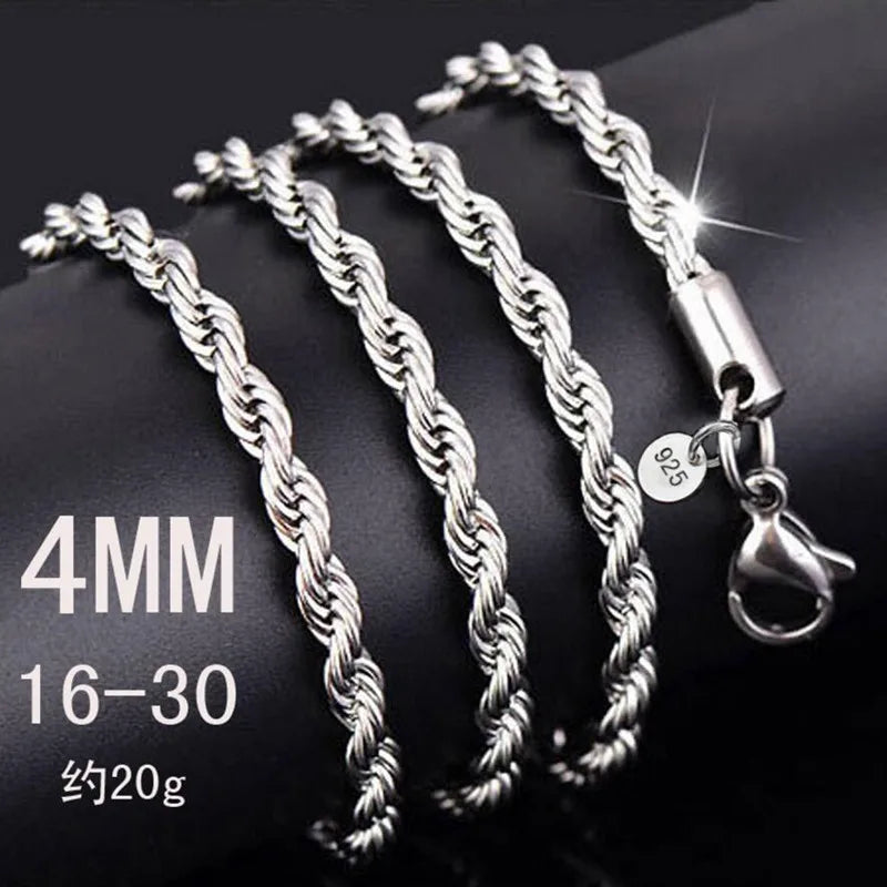 4mm Twisted Chain 925 stamp silver Necklace Pendant Vintage Jewelry
