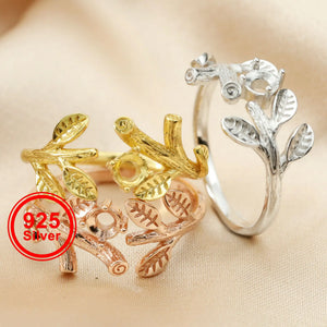 4mm Round CZ Stone Tree Branch Leaf 925 Silver Adjustable Ring Setting
